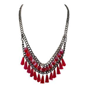 New Statement Necklace Hematite Tone Red Beaded Fringe Bib - 3E
